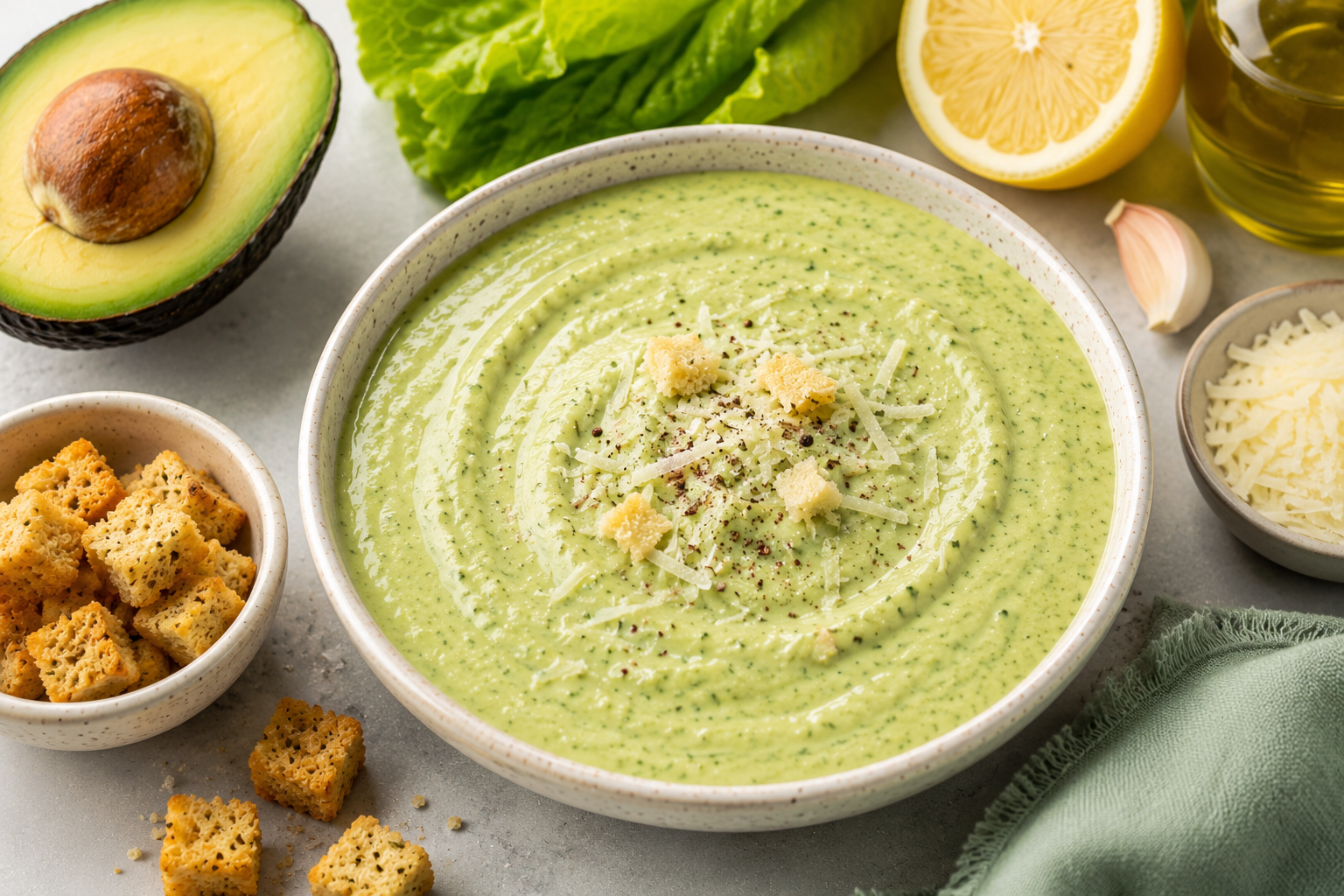 Avocado Caesar dressing and dip in a glass bowl with grated cheese, lemon, capers, and greens