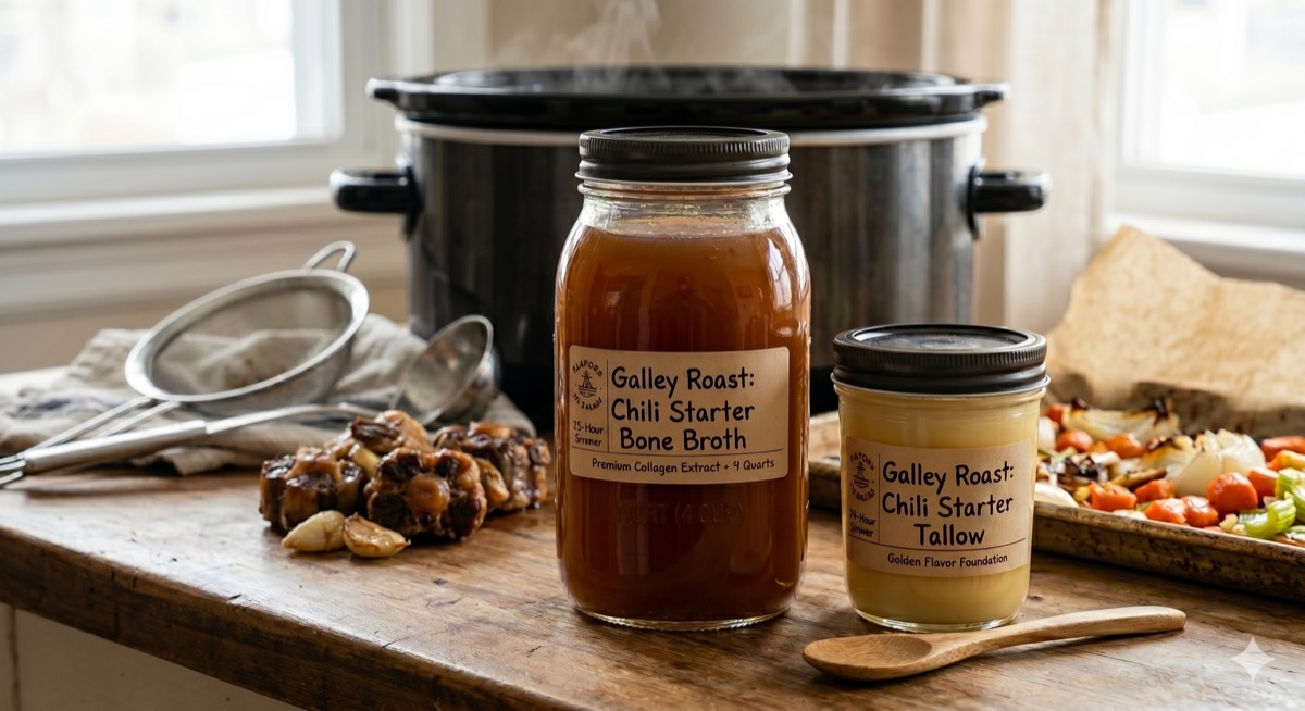 Finished bone broth and tallow jars beside roasted vegetables and beef bones