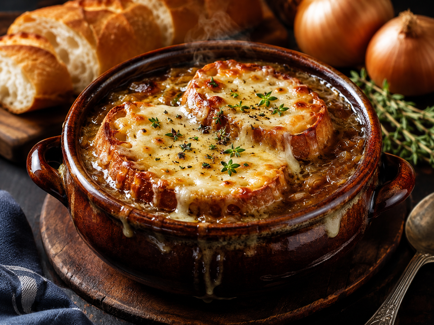 Bowl of French onion soup topped with toasted bread and melted browned cheese