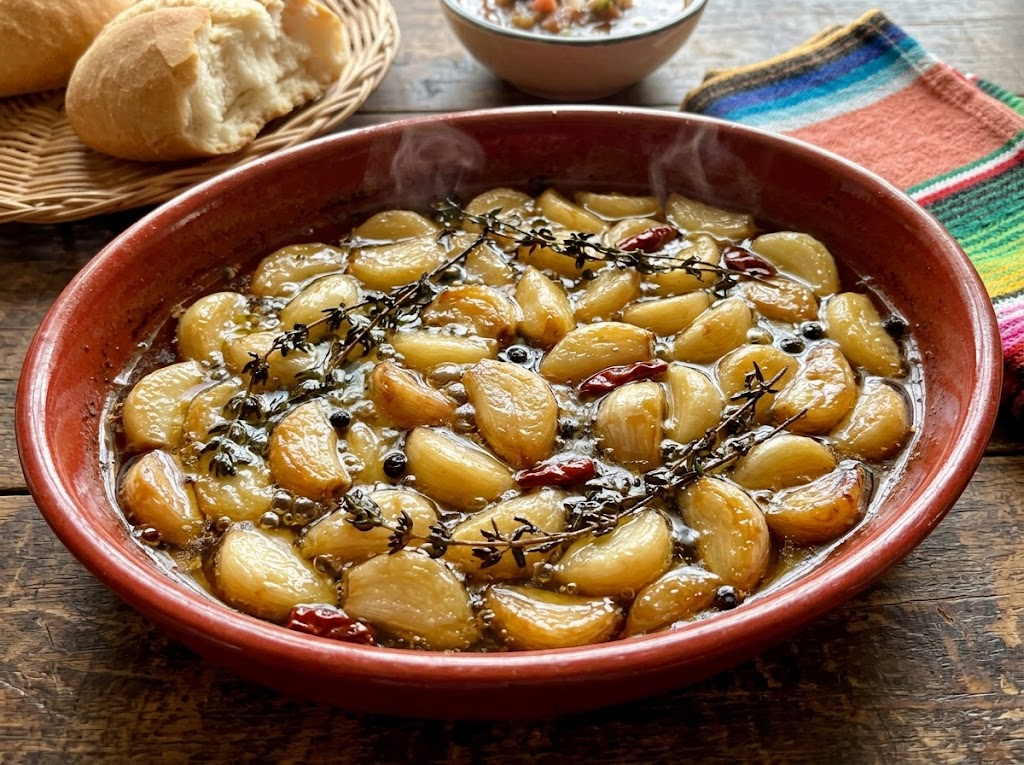 Golden garlic cloves with thyme, peppercorns, and red chilies in olive oil in a terracotta dish