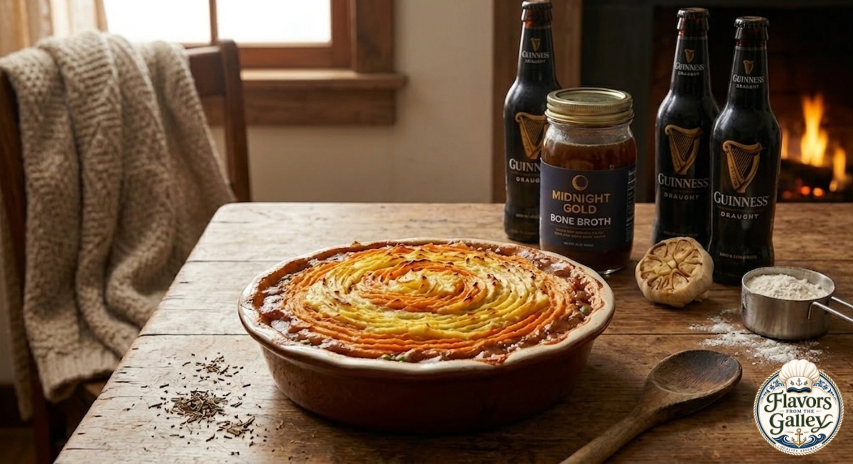 Midnight Gold Shepherd's Pie with a golden mashed potato topping