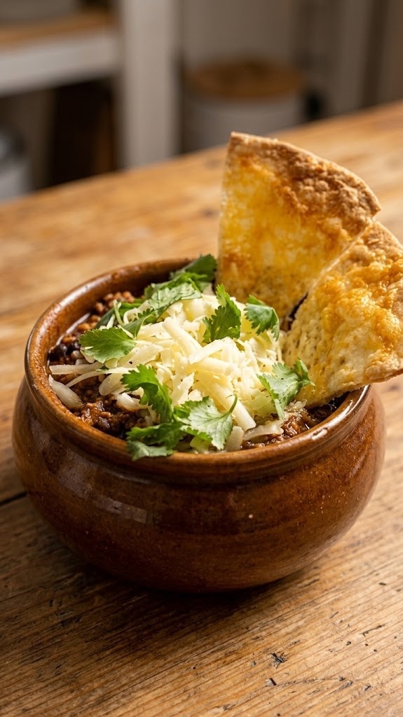 Turkey chili topped with white cheddar and cilantro