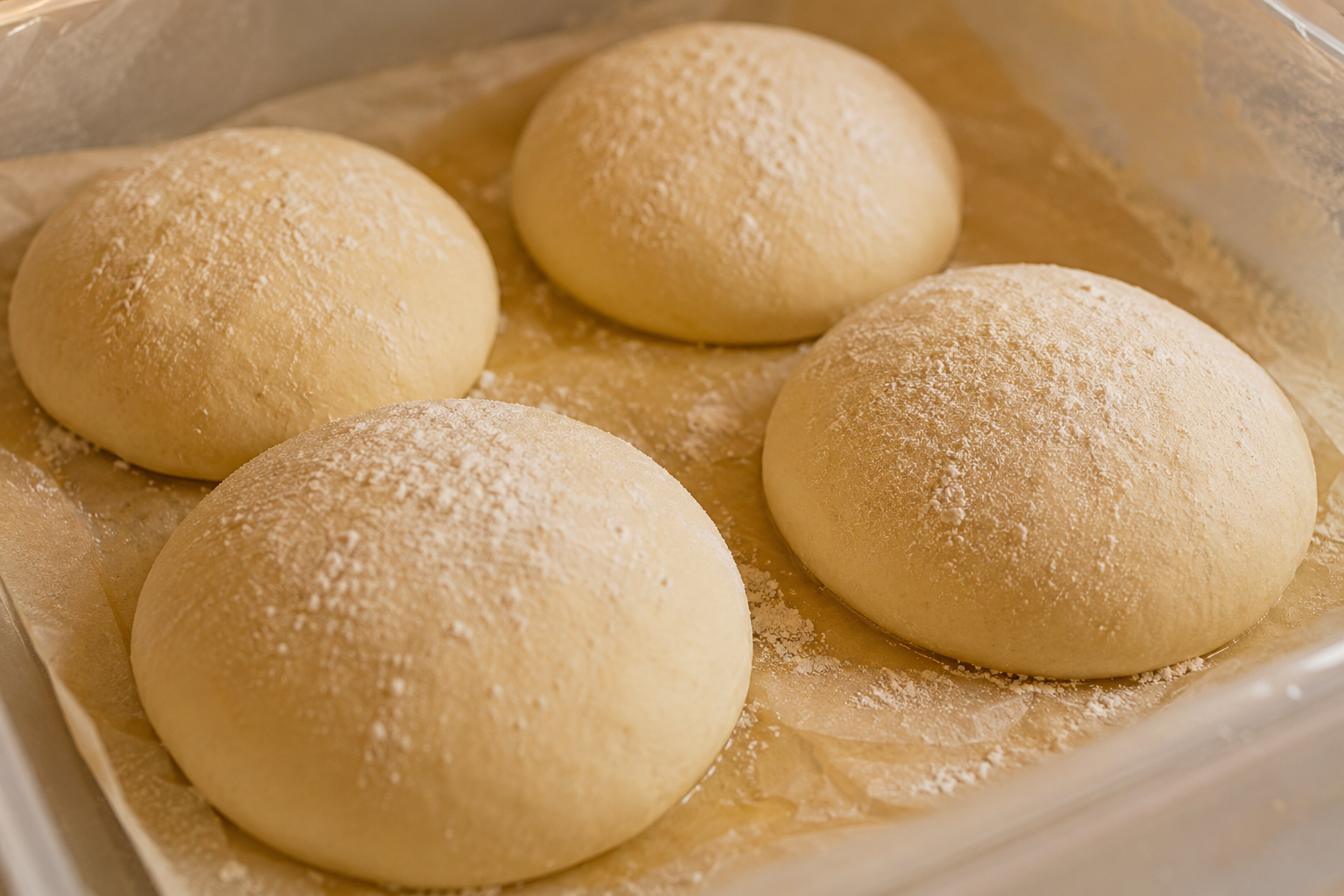 Four floured pizza dough rounds proofing in a container